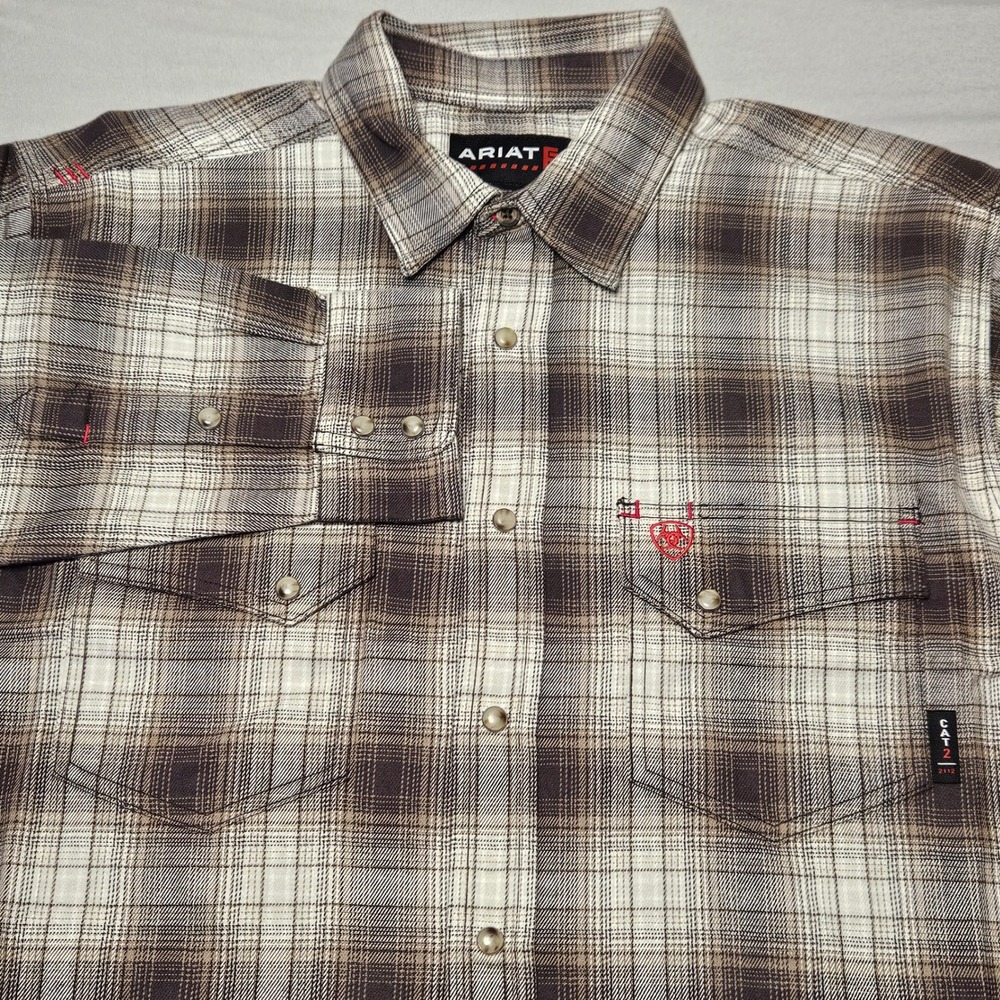 Ariat FR Andre Work Shirt Mens Large Brown Plaid Flame Resistant Snap Button L